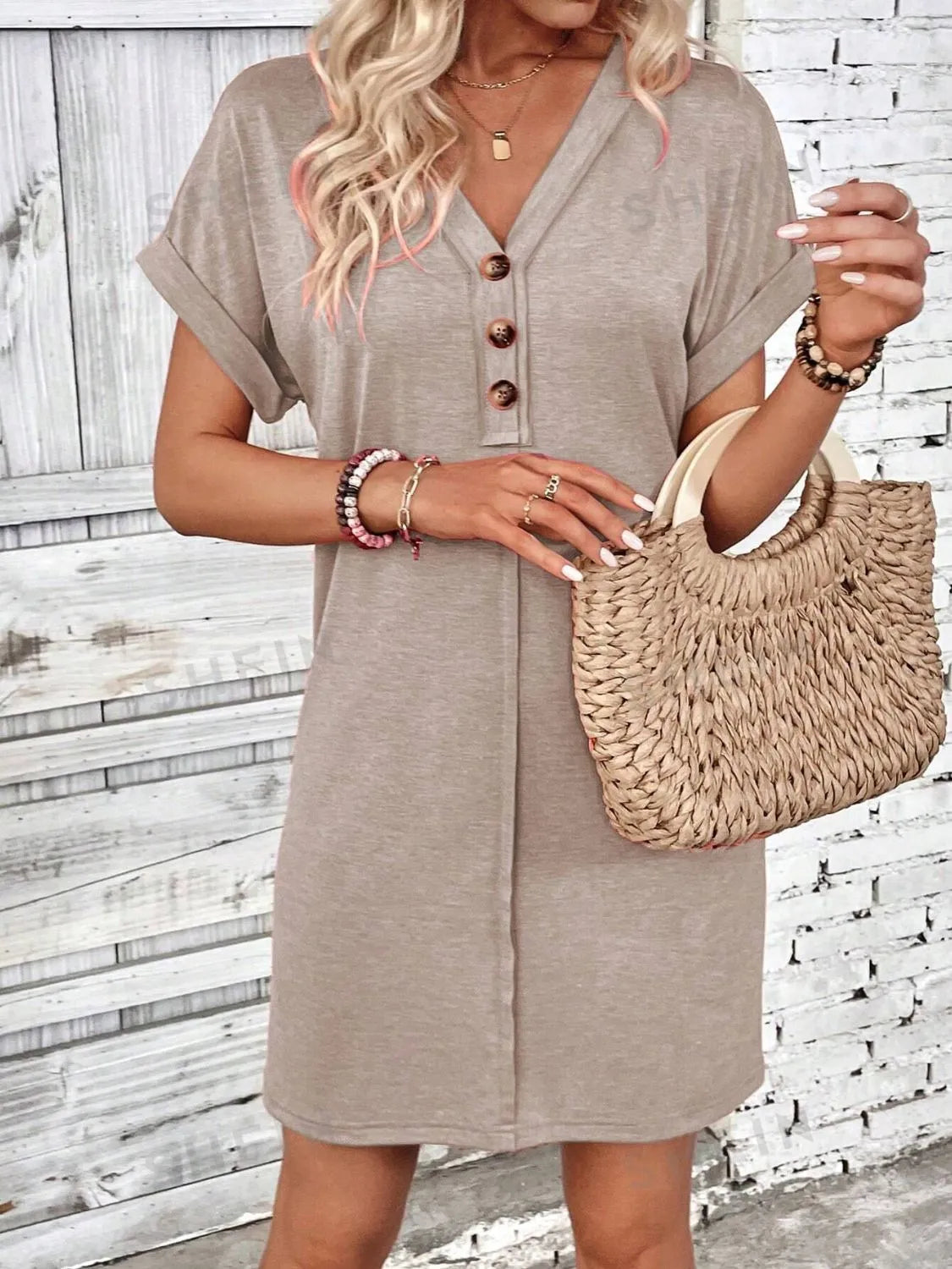 Quarter Button V-Neck Short Sleeve Dress Casual Dresses - Tophatter Daily Deals