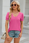 Eyelet Round Neck Flounce Sleeve T-Shirt Fuchsia Pink Women's T-Shirts - Tophatter Daily Deals