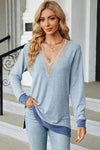 Slit V-Neck Long Sleeve T-Shirt Misty Blue Women's T-Shirts - Tophatter Daily Deals