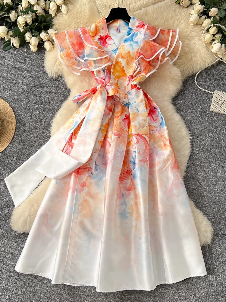 Summer Ruffles Sleeve Lace Up Bow Belt Evening Party Dress Midi Dresses - Tophatter Daily Deals