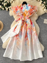 Summer Ruffles Sleeve Lace Up Bow Belt Evening Party Dress Midi Dresses - Tophatter Daily Deals
