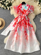 Summer Ruffles Sleeve Lace Up Bow Belt Evening Party Dress Midi Dresses - Tophatter Daily Deals