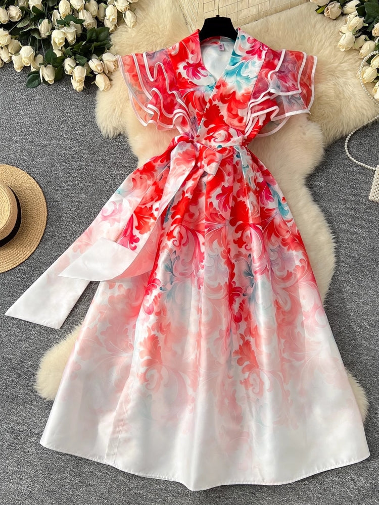 Summer Ruffles Sleeve Lace Up Bow Belt Evening Party Dress Midi Dresses - Tophatter Daily Deals
