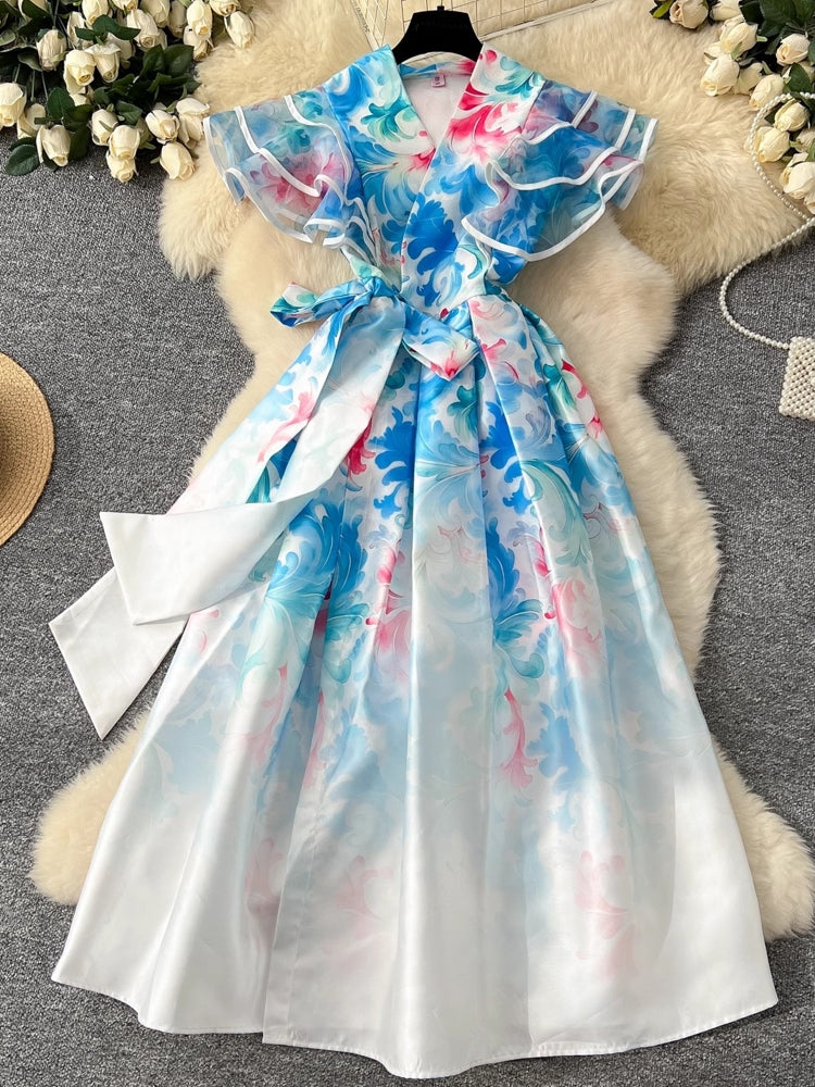 Summer Ruffles Sleeve Lace Up Bow Belt Evening Party Dress Midi Dresses - Tophatter Daily Deals