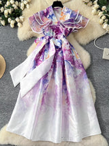 Summer Ruffles Sleeve Lace Up Bow Belt Evening Party Dress Midi Dresses - Tophatter Daily Deals