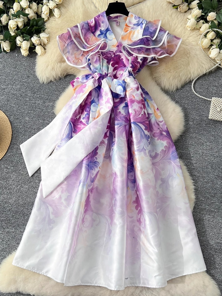 Summer Ruffles Sleeve Lace Up Bow Belt Evening Party Dress Midi Dresses - Tophatter Daily Deals