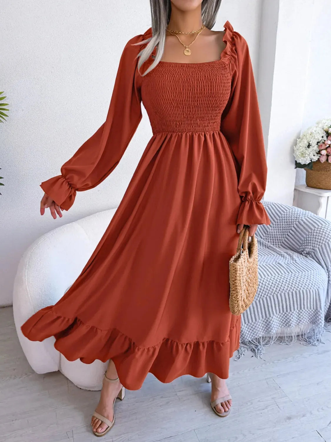 Smocked Square Neck Flounce Sleeve Dress Casual Dresses - Tophatter Daily Deals
