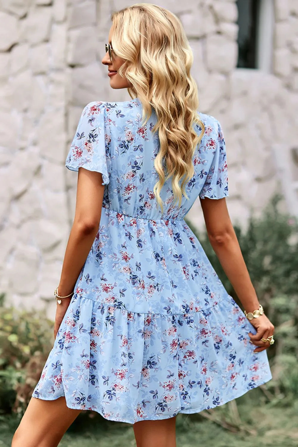 Floral Notched Flutter Sleeve Mini Dress Casual Dresses - Tophatter Daily Deals