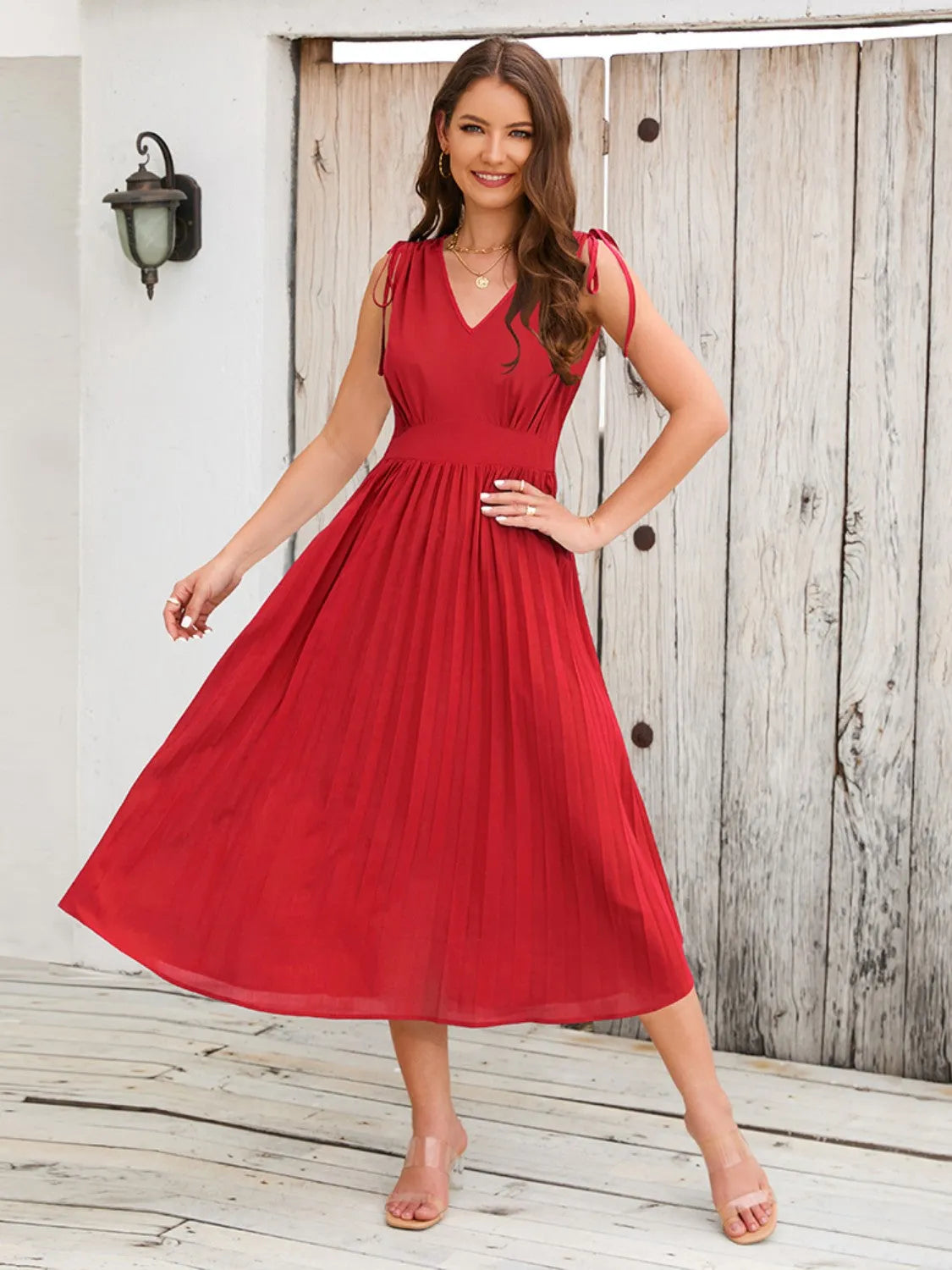 Pleated V-Neck Sleeveless Midi Dress Deep Red Casual Dresses - Tophatter Daily Deals