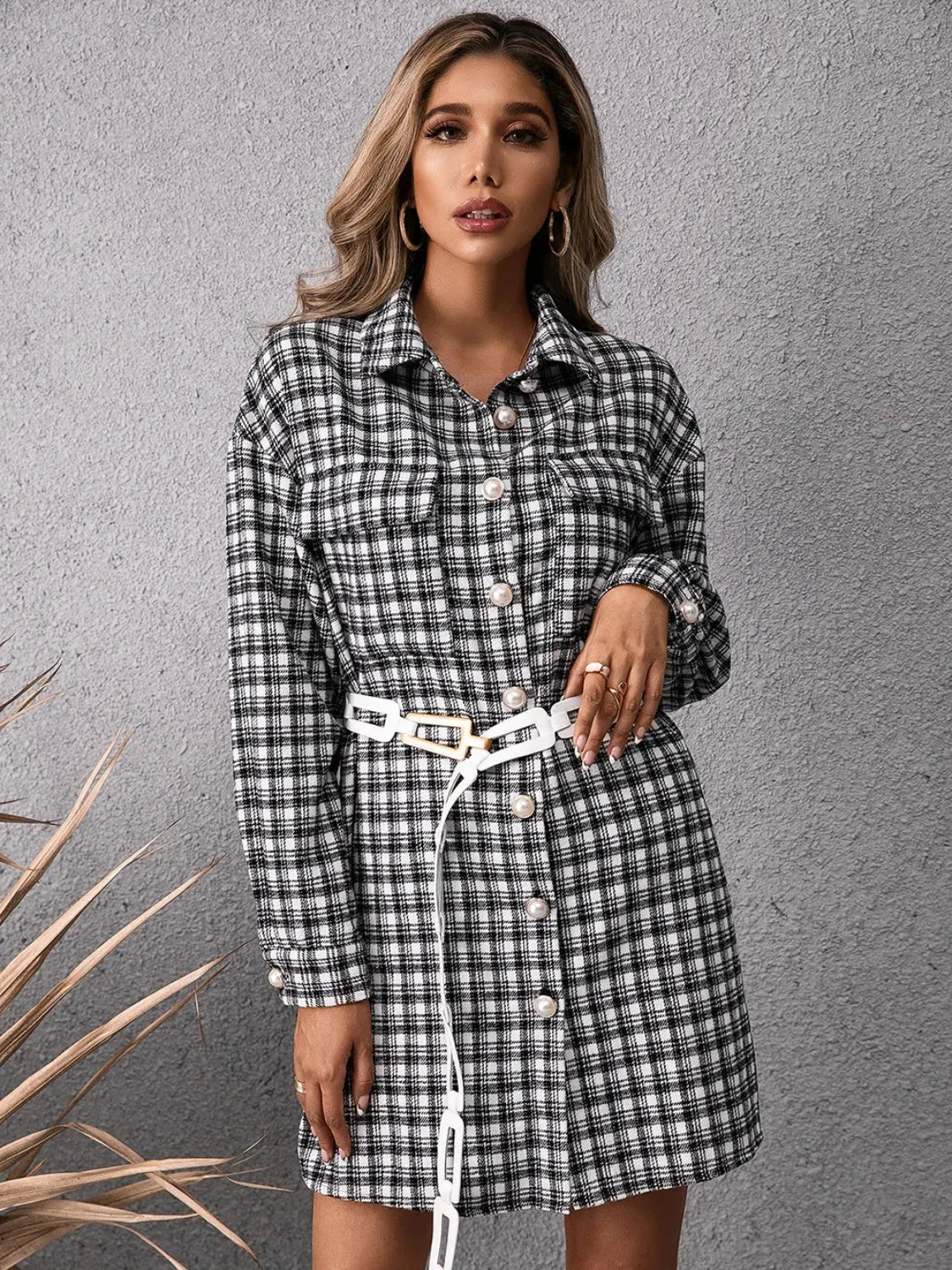 Pocketed Plaid Long Sleeve Mini Dress Black Casual Dresses - Tophatter Daily Deals