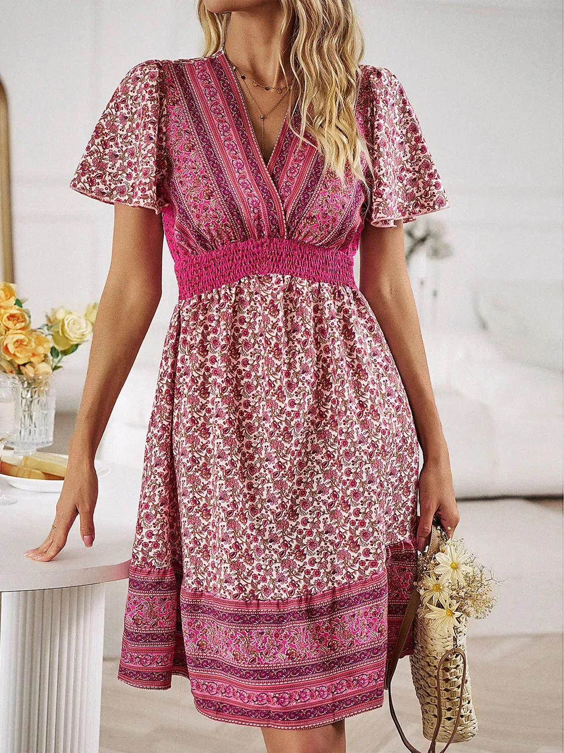 Floral Smocked Waist Short Sleeve Mini Dress Casual Dresses - Tophatter Daily Deals