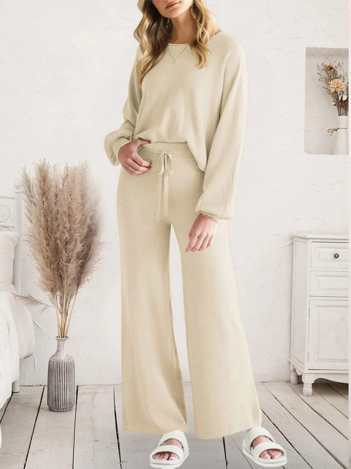 Long Sleeve Lounge Top and Drawstring Pants Set Ivory Loungewear Sets - Tophatter Daily Deals