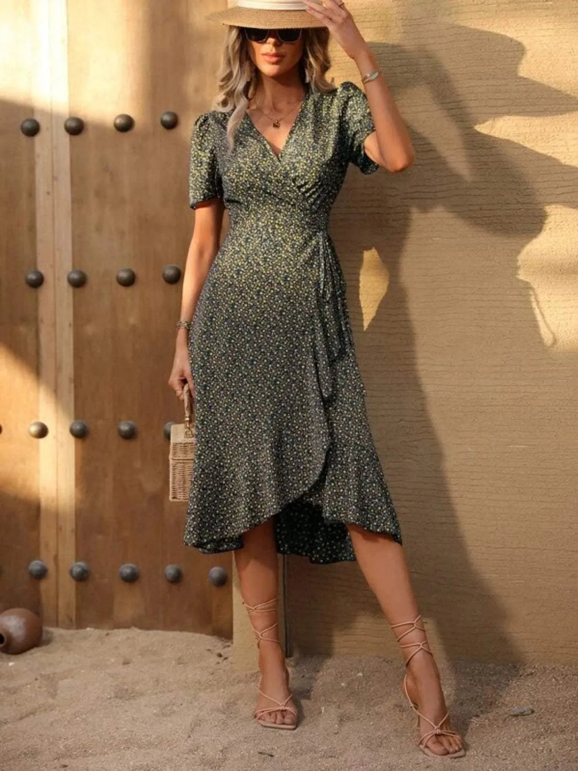 Ruffled Surplice Short Sleeve Midi Dress Casual Dresses - Tophatter Daily Deals