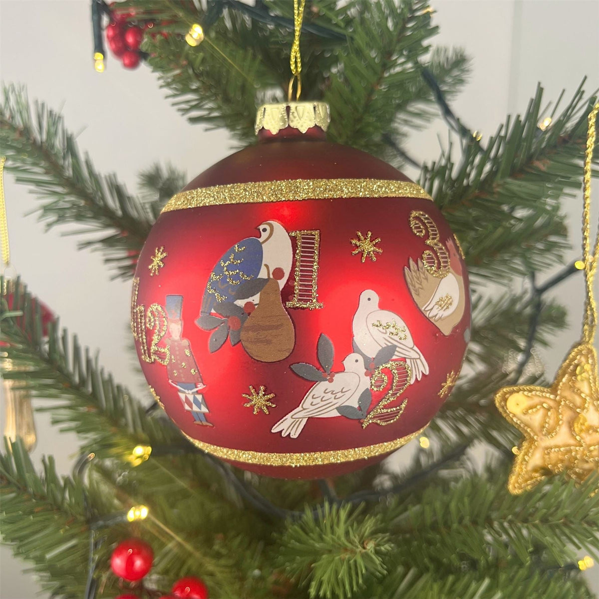 12 Days of Christmas Bauble | Red & Gold Christmas Tree Hanging Ornament - 10cm Baubles - Tophatter Daily Deals