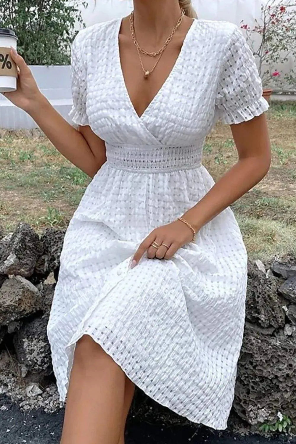 Textured Surplice Short Sleeve Dress White Casual Dresses - Tophatter Daily Deals