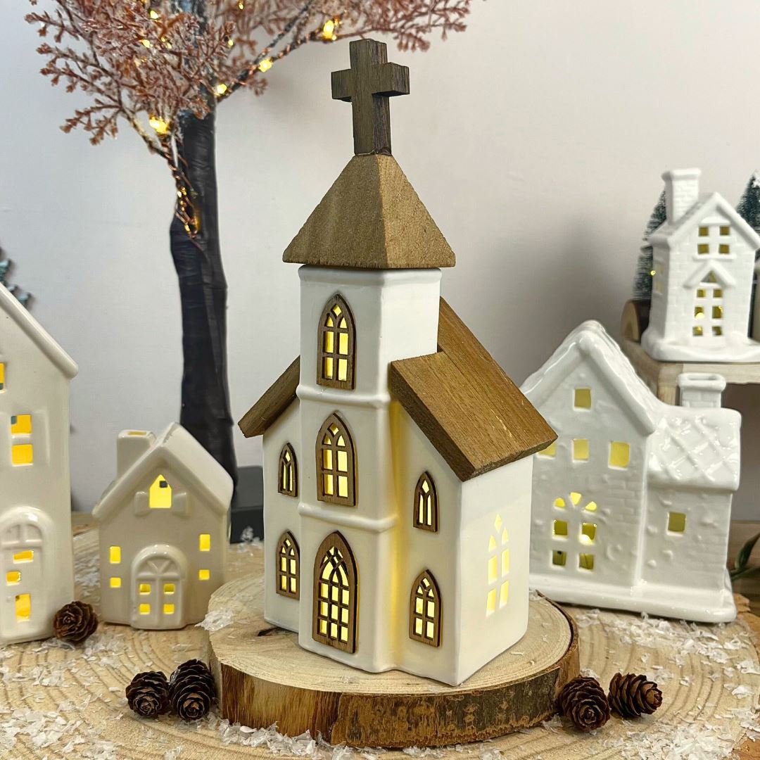 LED Ceramic Christmas Church | Light Up Ceramic & Wood Chapel Ornament - 23cm LED Light - Tophatter Daily Deals