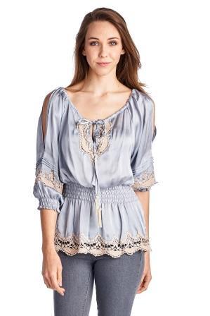 Women's Cold Shoulder Smocked Woven Top with Crochet Detail Grey 13 Tops - Tophatter Daily Deals