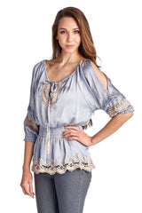 Women's Cold Shoulder Smocked Woven Top with Crochet Detail Tops - Tophatter Daily Deals
