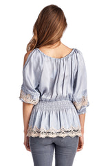 Women's Cold Shoulder Smocked Woven Top with Crochet Detail Tops - Tophatter Daily Deals