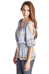 Women's Cold Shoulder Smocked Woven Top with Crochet Detail Tops - Tophatter Daily Deals