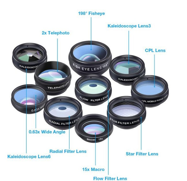 APEXEL Phone lens kit universal 10 in 1 Fisheye Wide Angle macro Lens CPL Filter Kaleidoscope+2X telescope Lens for smartphone 0 - Tophatter Daily Deals
