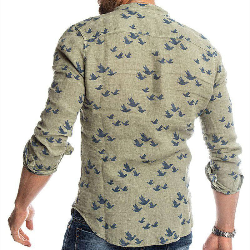 3D printed linen colorblock stand collar shirt 0 - Tophatter Daily Deals