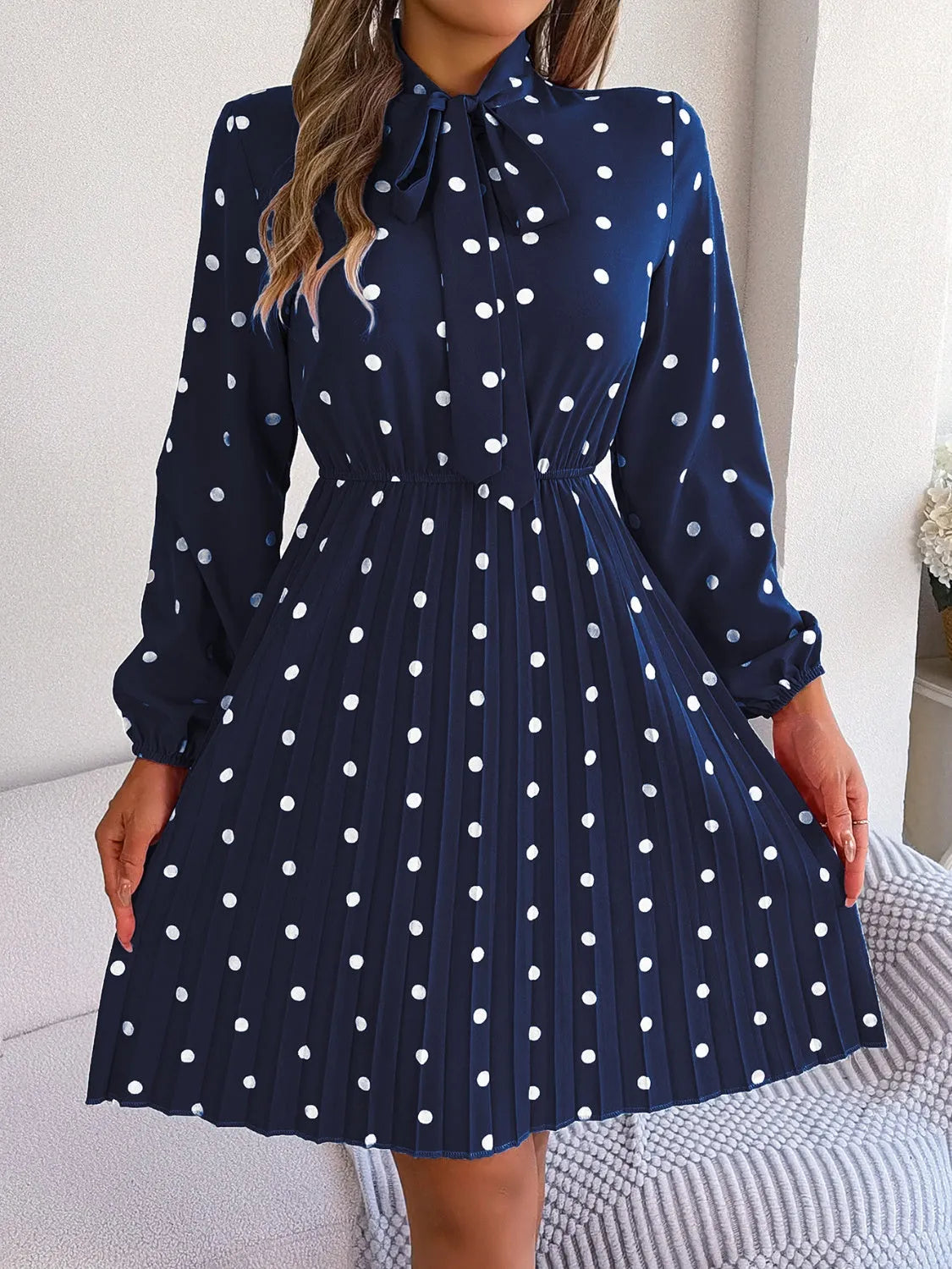 Polka Dot Tie Neck Pleated Dress Casual Dresses - Tophatter Daily Deals