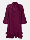 Frill Tie Neck Three-Quarter Sleeve Dress Plum Casual Dresses - Tophatter Daily Deals