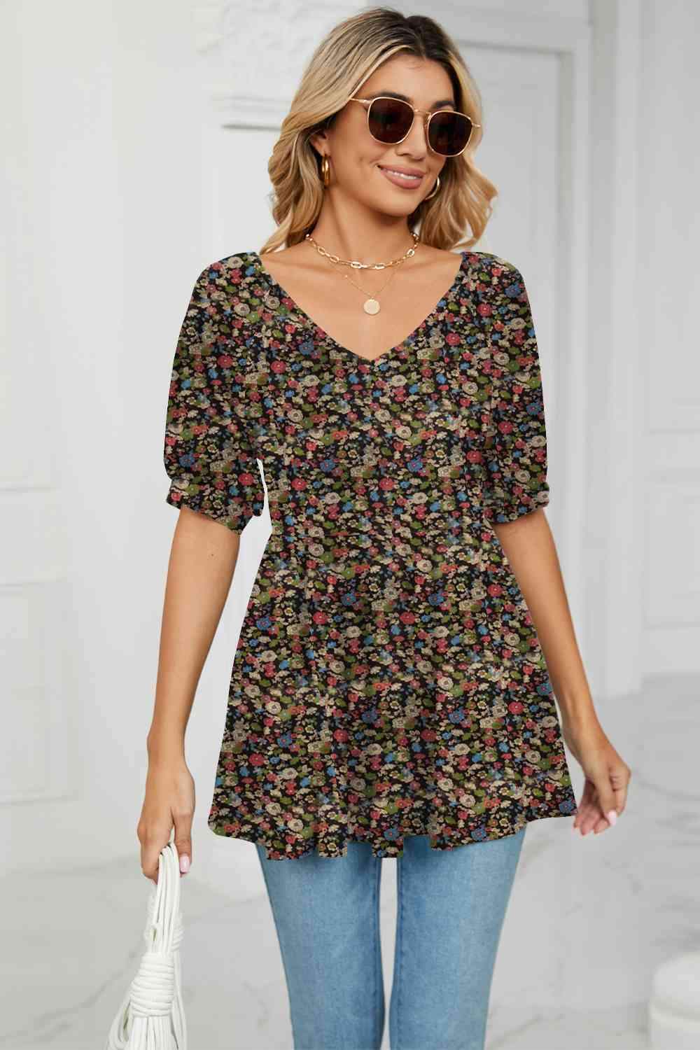 V-Neck Babydoll Blouse Chestnut Blouses - Tophatter Daily Deals