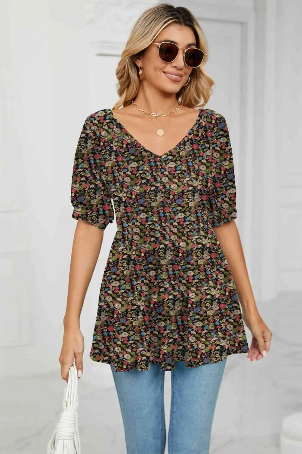 V-Neck Babydoll Blouse Chestnut Blouses - Tophatter Daily Deals