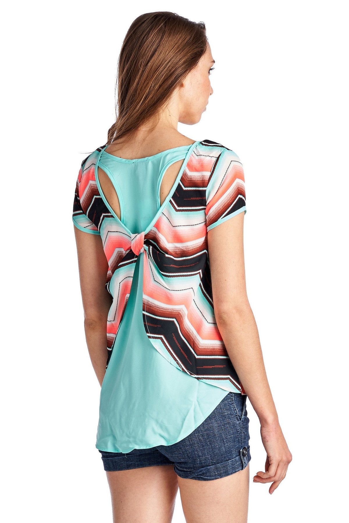 Women's Short Sleeve Shirred Front Top with Bow Back Detail Tops - Tophatter Daily Deals