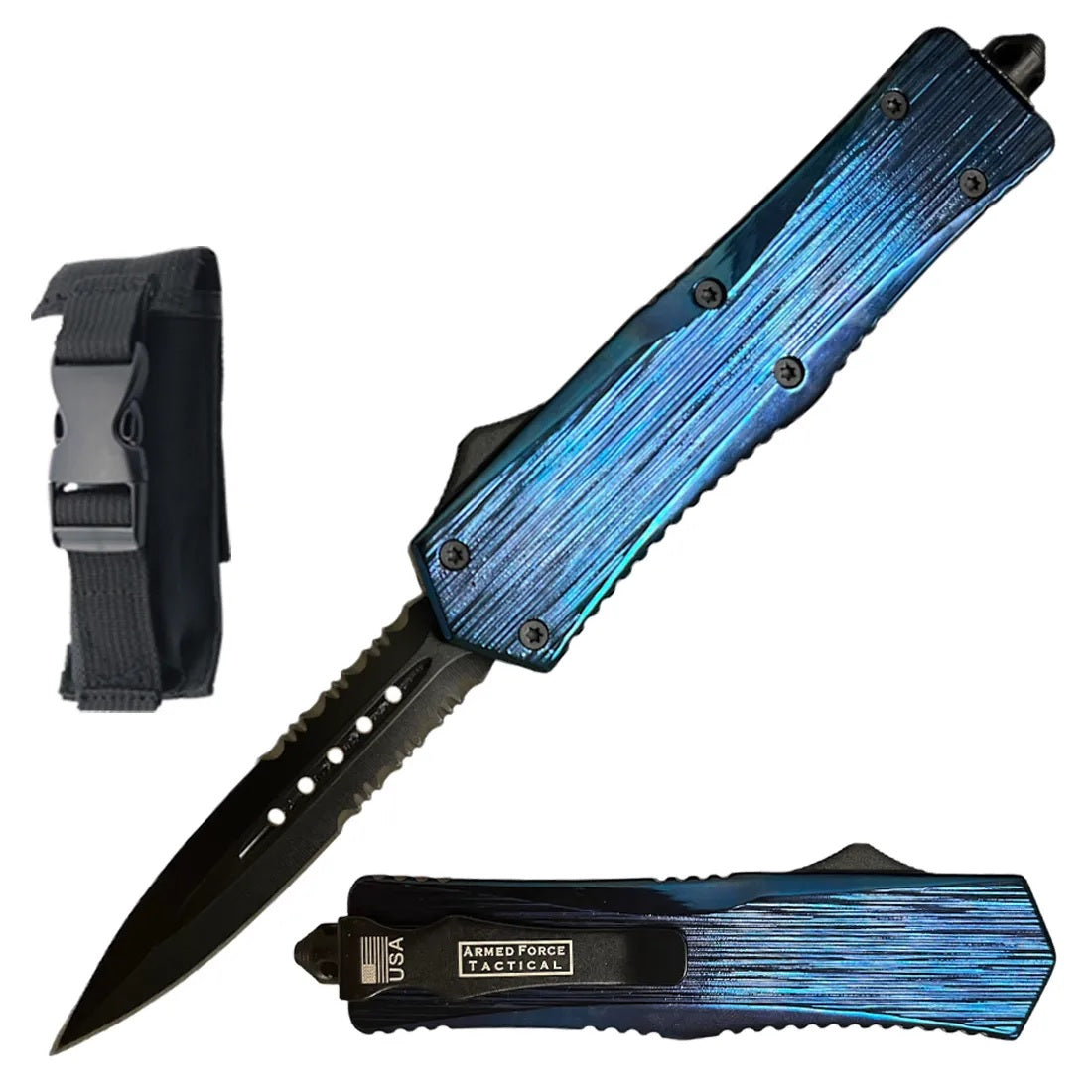 9" Blue Titanium Handle Out Of The Front Tactical Automatic OTF Knife - TOPHATTER'S ARMORY DEALS Collectible Weapons - Tophatter Daily Deals