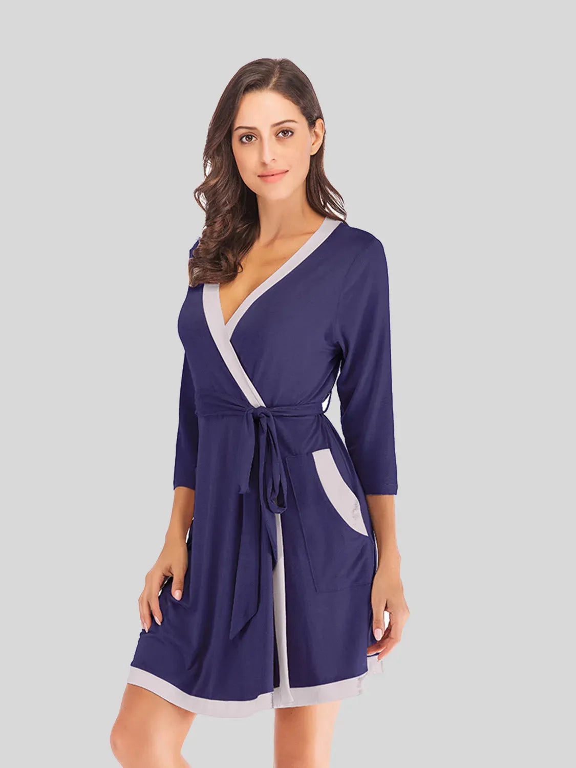 Tie Waist Surplice Neck Robe with Pockets Navy Sleep Dresses - Tophatter Daily Deals
