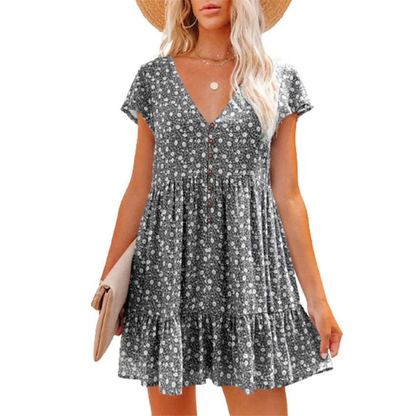 Printed V-Neck Buttoned Short Sleeve Mini Dress Casual Dresses - Tophatter Daily Deals