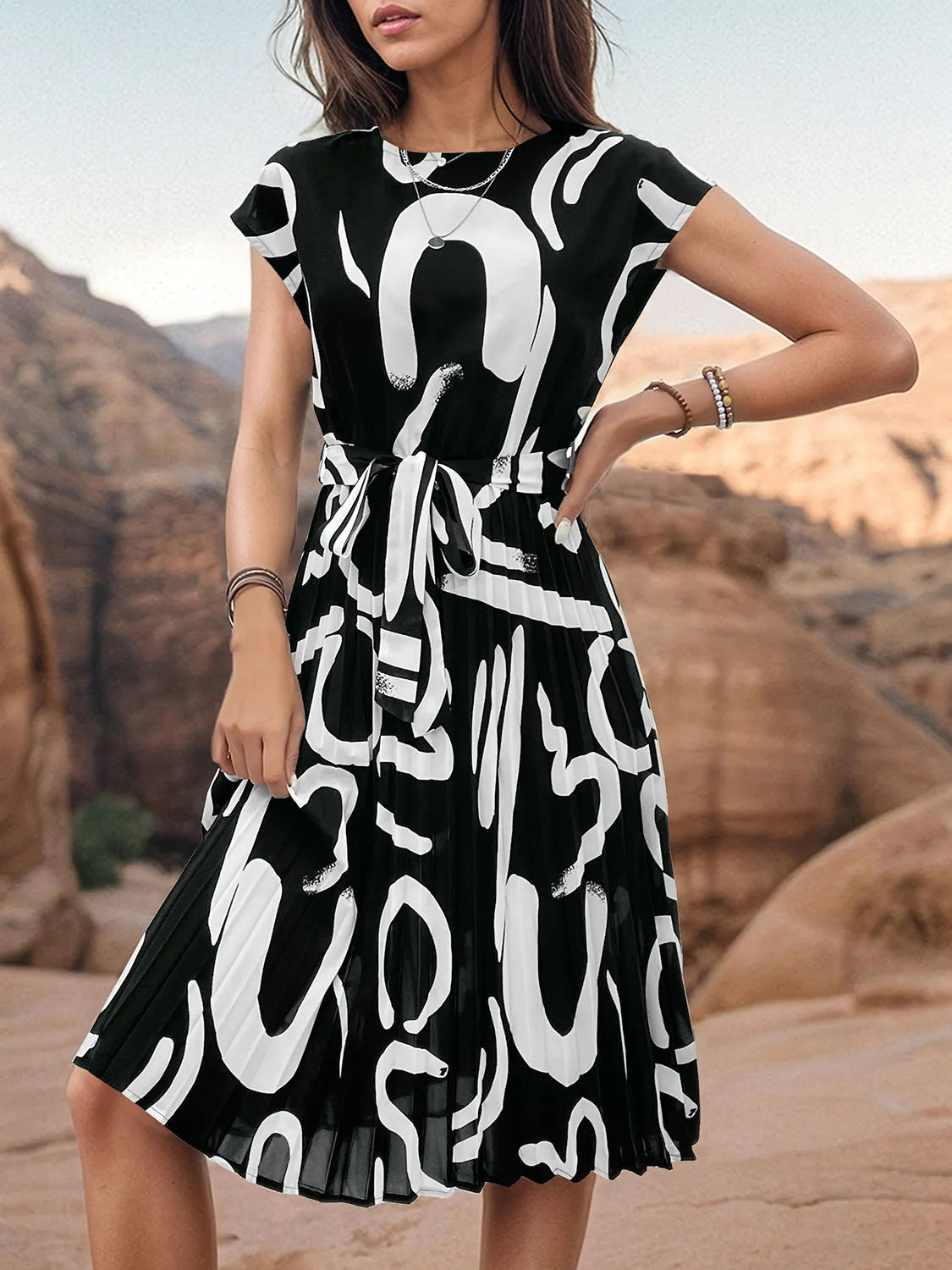 Printed Cap Sleeve Tie Waist Dress Casual Dresses - Tophatter Daily Deals