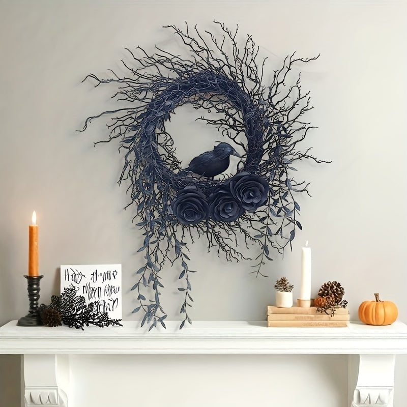 Halloween Wreath Crow & Dark Blue Roses Halloween - Tophatter Daily Deals