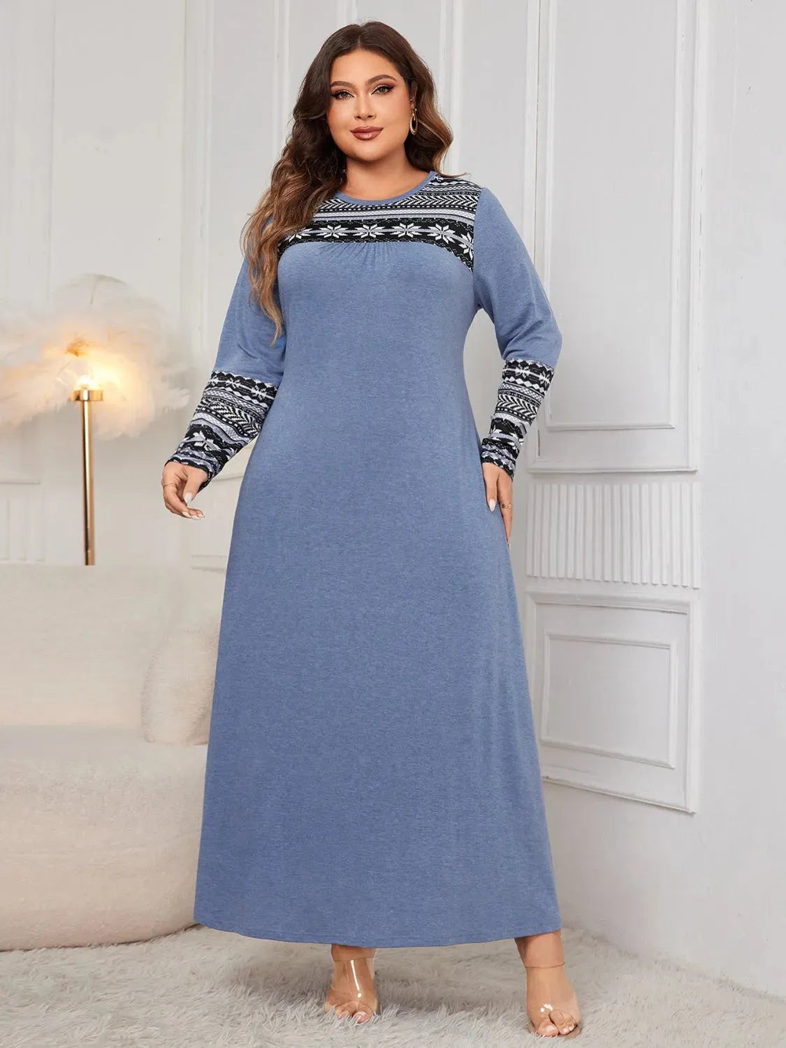 Honey Plus Size Printed Round Neck Long Sleeve Dress Casual Dresses - Tophatter Daily Deals