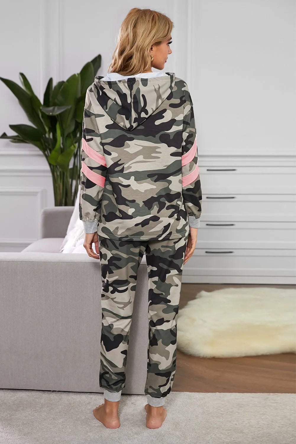 Camouflage Contrast Detail Hoodie and Joggers Lounge Set Loungewear Sets - Tophatter Daily Deals