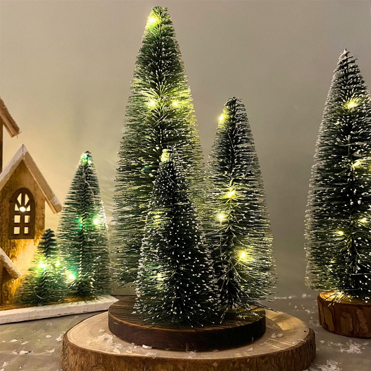 LED Bottle Brush Christmas Trees on Wooden Base | Snowy Green Light-Up Trees LED Light - Tophatter Daily Deals