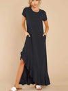 Slit Round Neck Short Sleeve Maxi Dress Black Casual Dresses - Tophatter Daily Deals