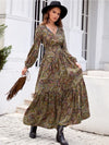 Printed Tie Neck Ruffle Hem Long Sleeve Dress Casual Dresses - Tophatter Daily Deals