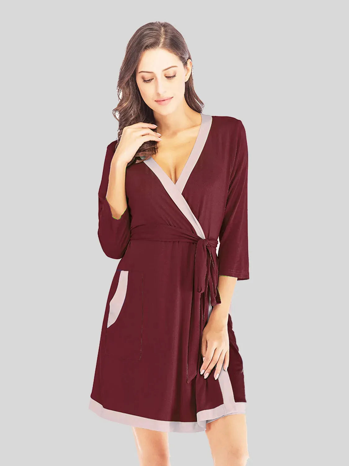 Tie Waist Surplice Neck Robe with Pockets Wine Sleep Dresses - Tophatter Daily Deals