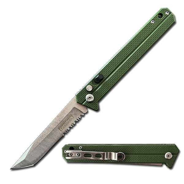 9" EDC Serrated Tanto Point Auto Switch Blade - Safety Lock - Green G10 Handle Collectible Weapons - Tophatter Daily Deals