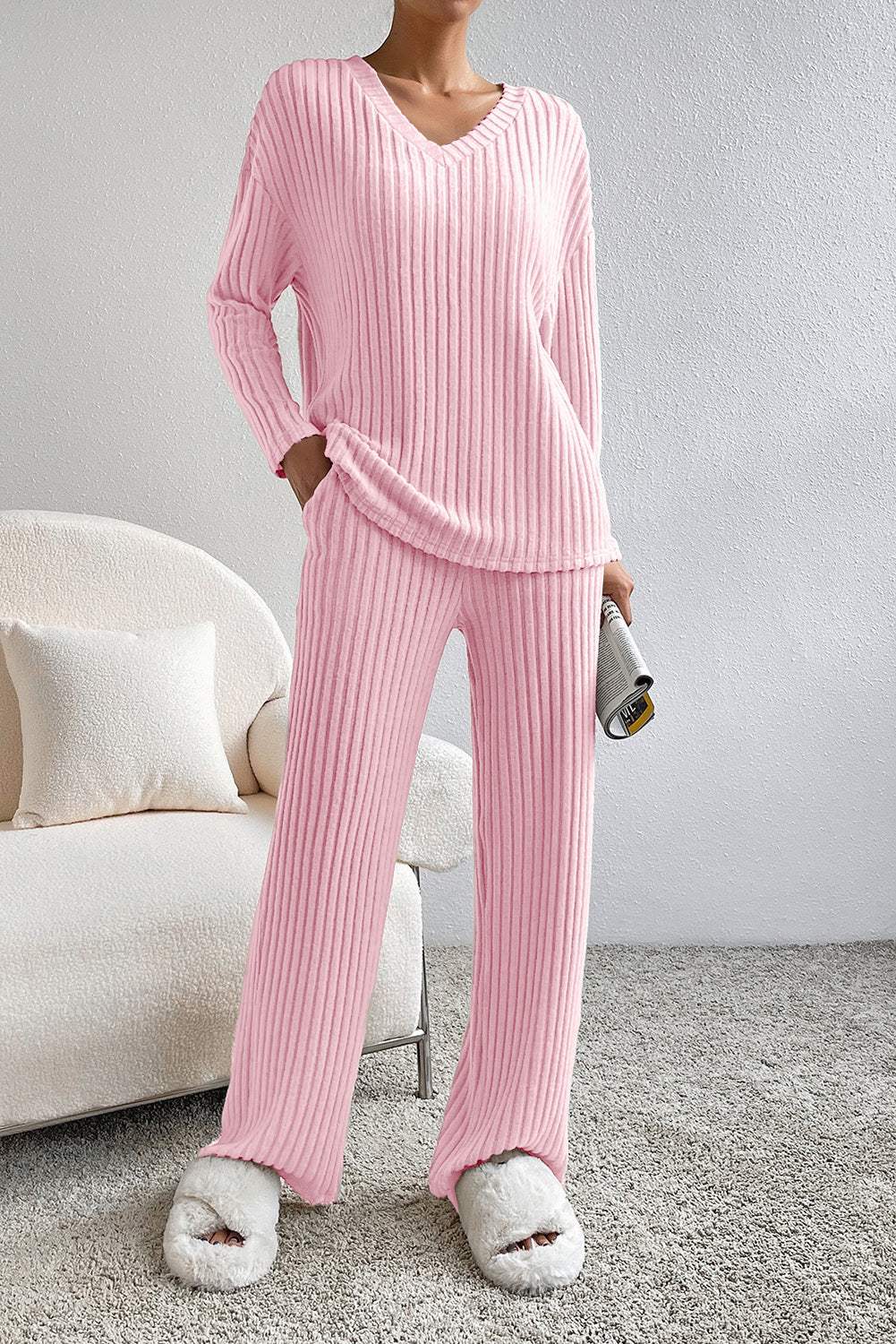 Ribbed V-Neck Top and Pants Lounge Set Carnation Pink Loungewear Sets - Tophatter Daily Deals