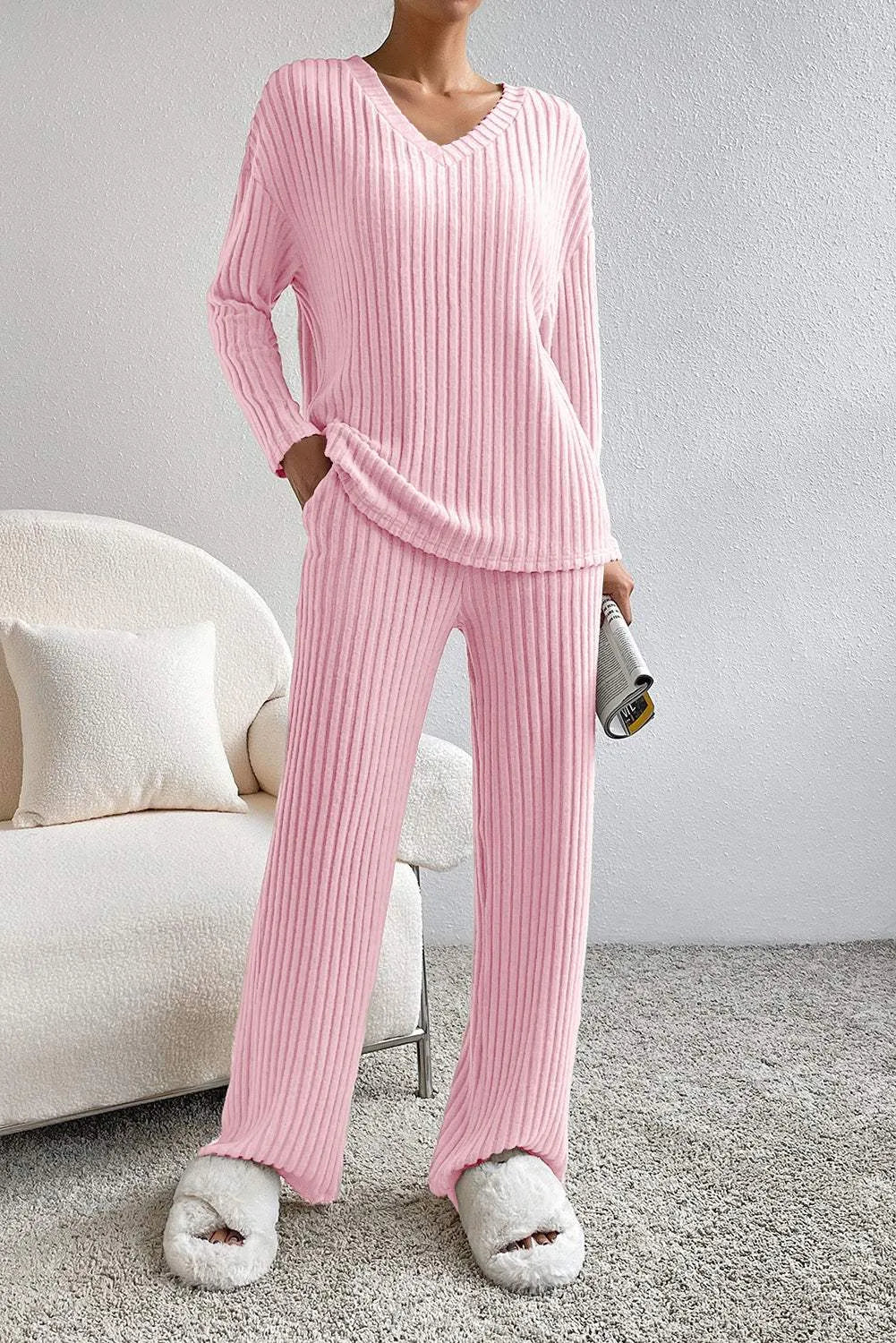 Ribbed V-Neck Top and Pants Lounge Set Carnation Pink Loungewear Sets - Tophatter Daily Deals