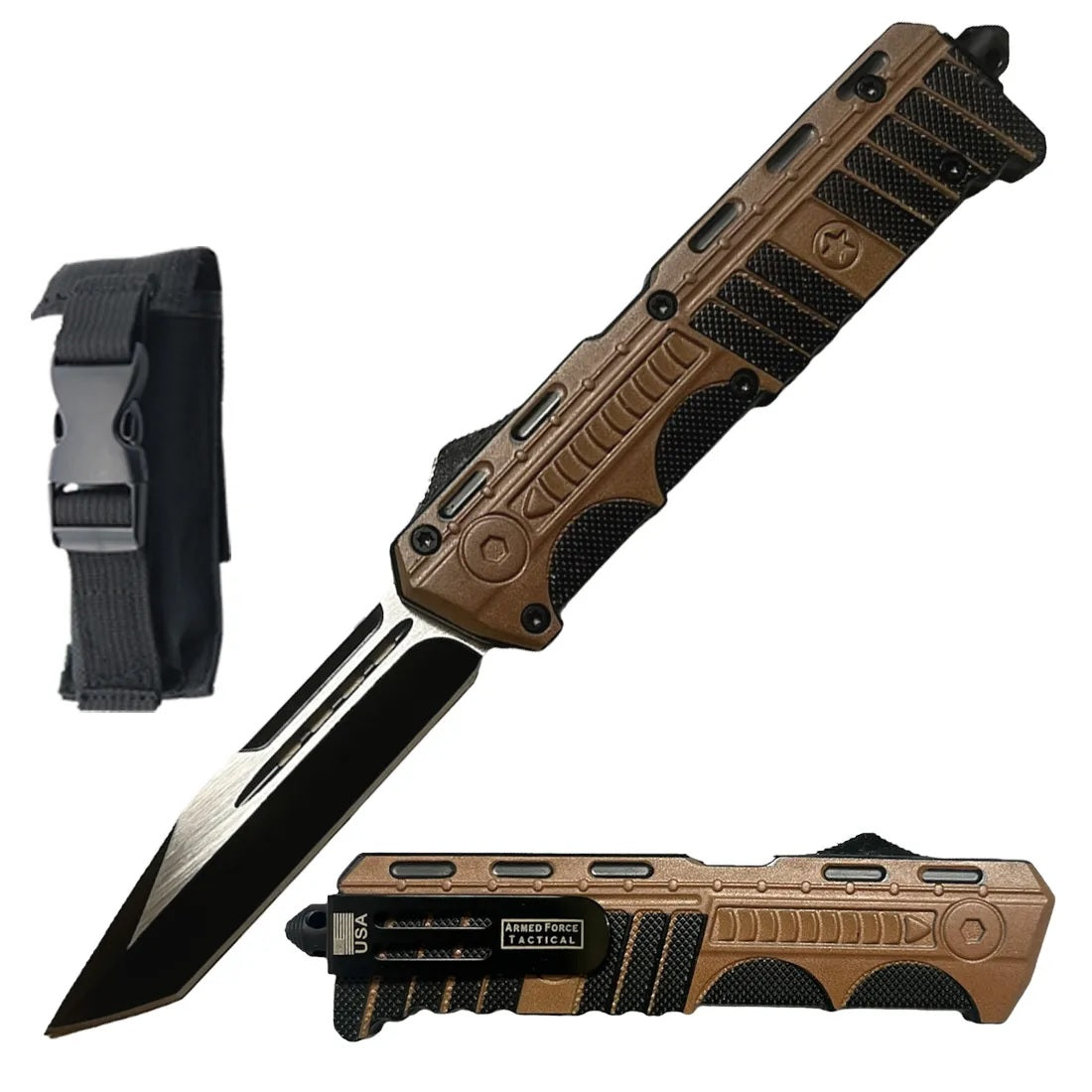 9" Pistol Shape Military Brown OTF Dual Action Automatic Knife - Tophatter's Guns'N'Weapons Store Collectible Weapons - Tophatter Daily Deals