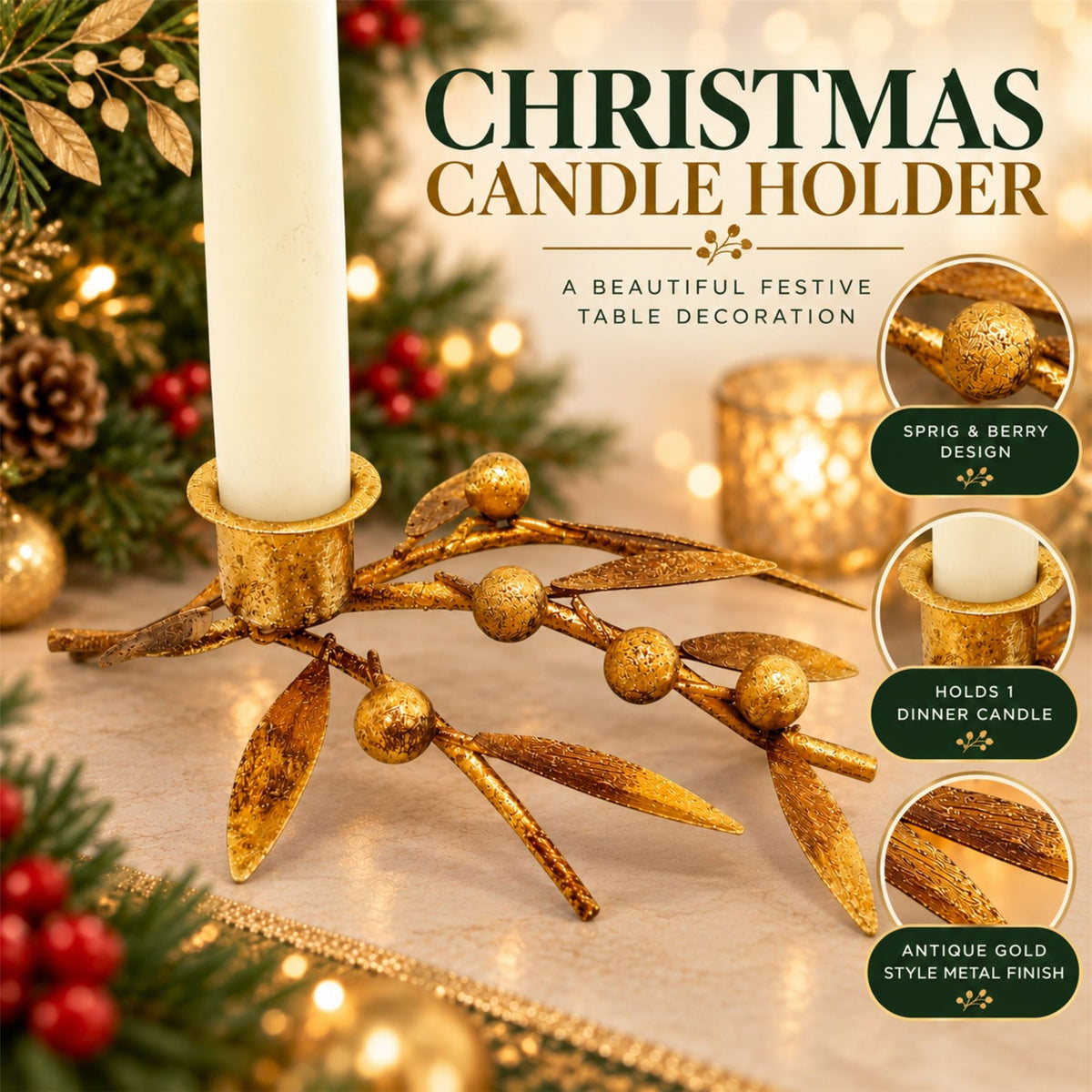Antique Gold Sprig & Berry Candle Holder, Gisela Graham Christmas 17cm Candlestick - Tophatter Daily Deals