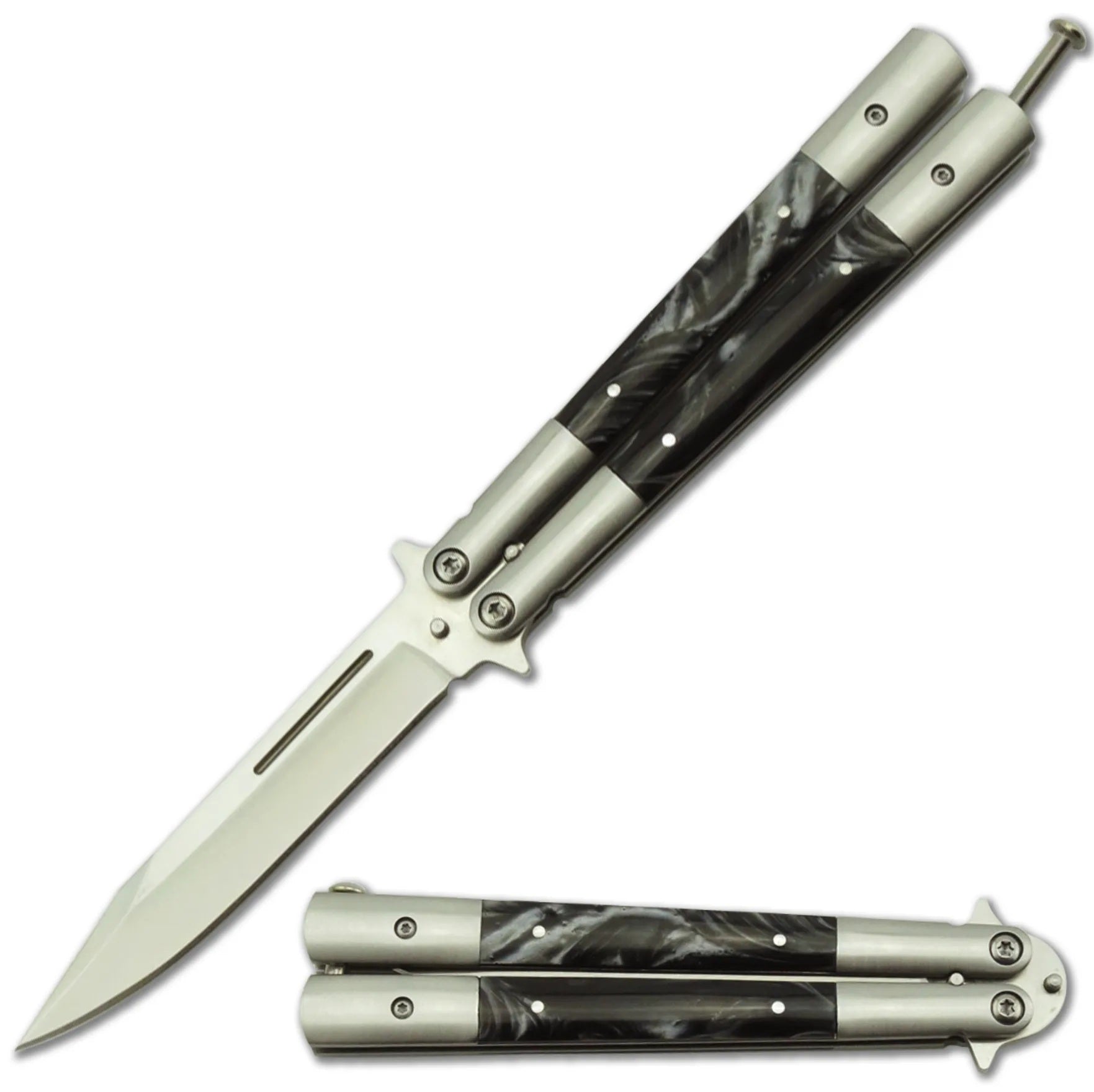 Tactical Balisong Butterfly Knife Black Pearl Handles - Tophatter's Guns'N'Weapons Store Collectible Weapons - Tophatter Daily Deals