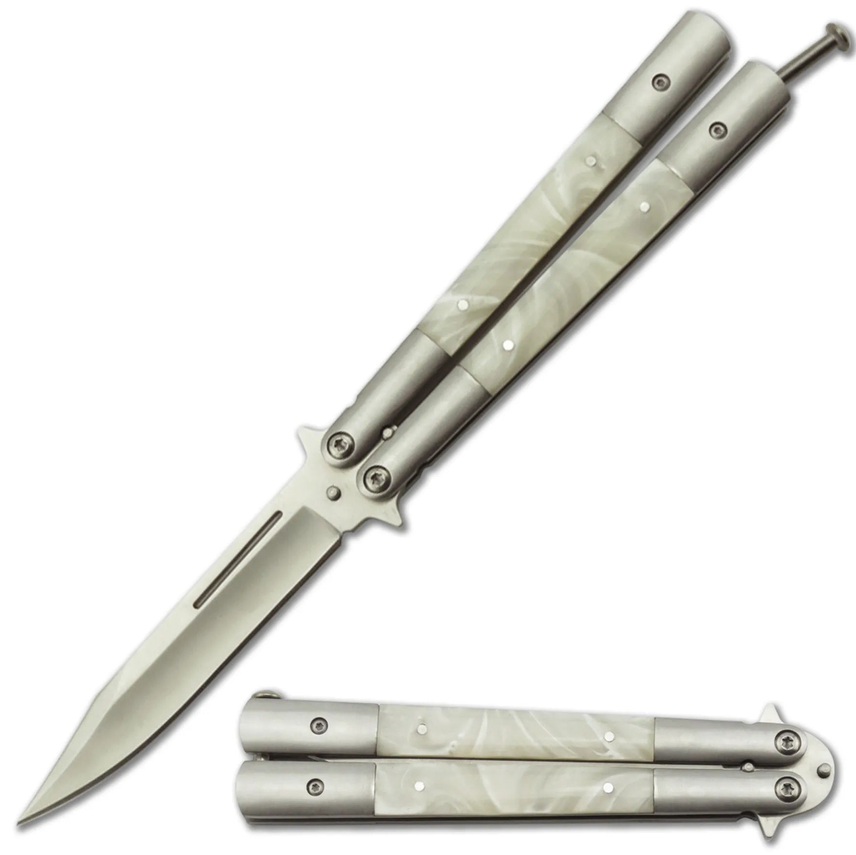Tactical Balisong Butterfly Knife White Pearl Handles Collectible Weapons - Tophatter Daily Deals