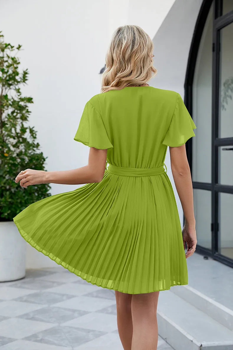 Surplice Neck Tie Waist Flutter Sleeve Pleated Dress Casual Dresses - Tophatter Daily Deals